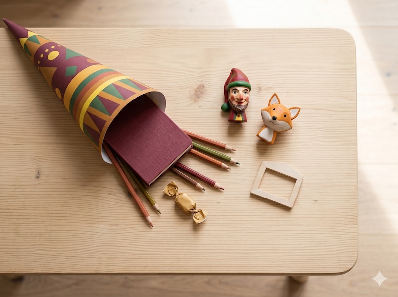 Eine bunte Schultüte liegt geöffnet auf einem Holztisch, daraus fallen Buntstifte, ein Heft und etwas Naschwerk – Requisiten für das Kasperletheater zur Einschulung