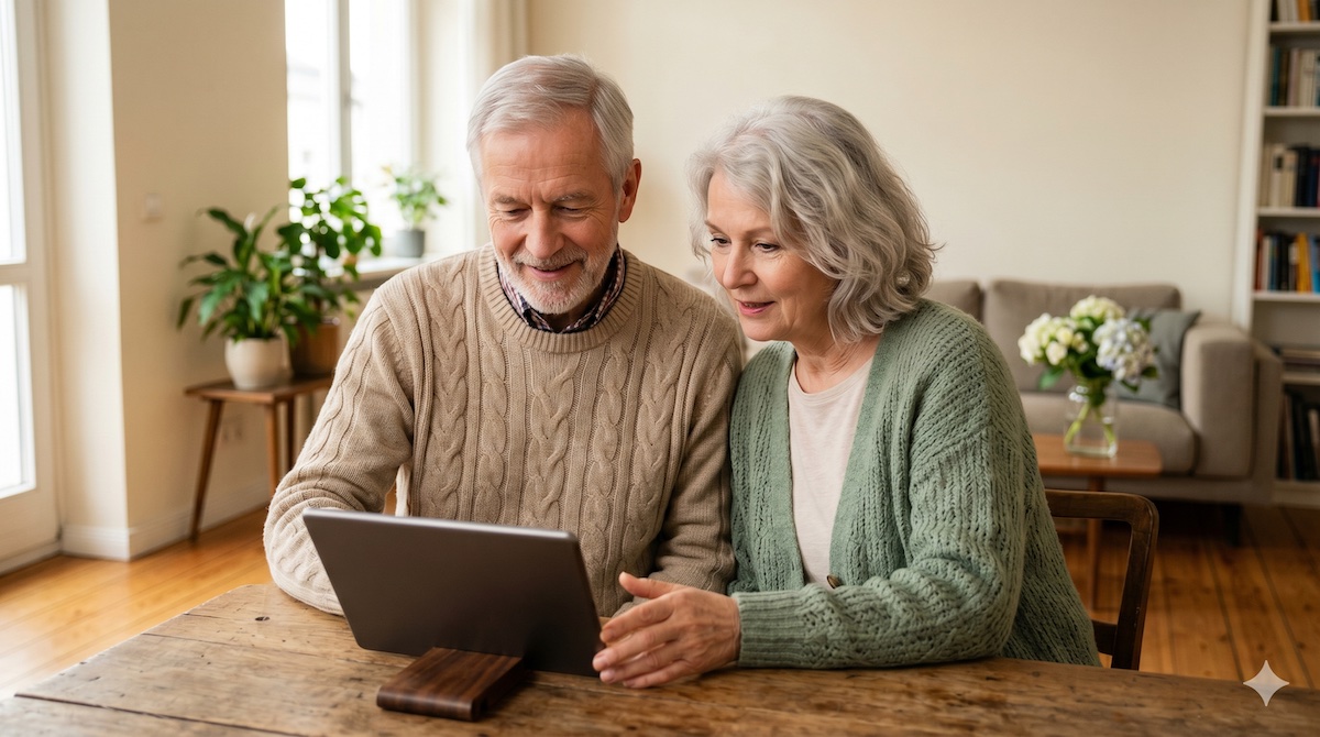 Opa und Oma schauen am Tisch gemeinsam auf ein Tablet – KI für Senioren verständlich erklärt