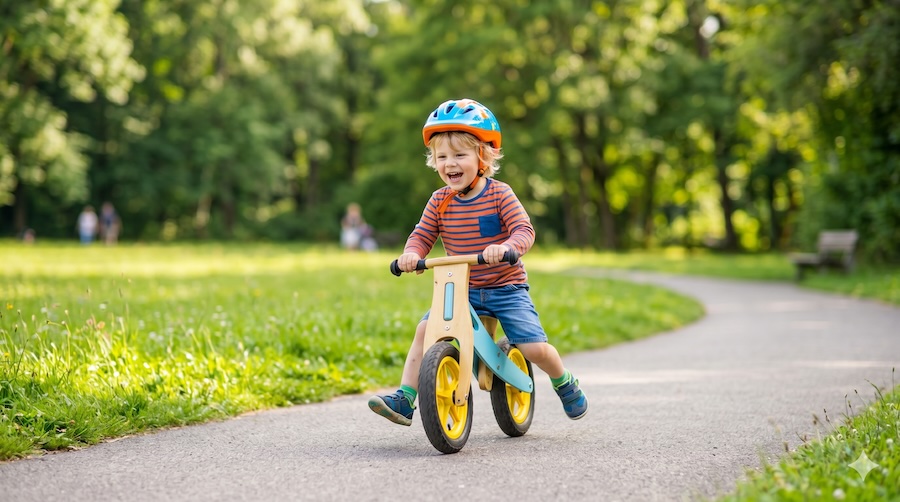Kleines Kind auf einem Laufrad übt das Gleichgewicht — der erste Schritt zum Fahrradfahren