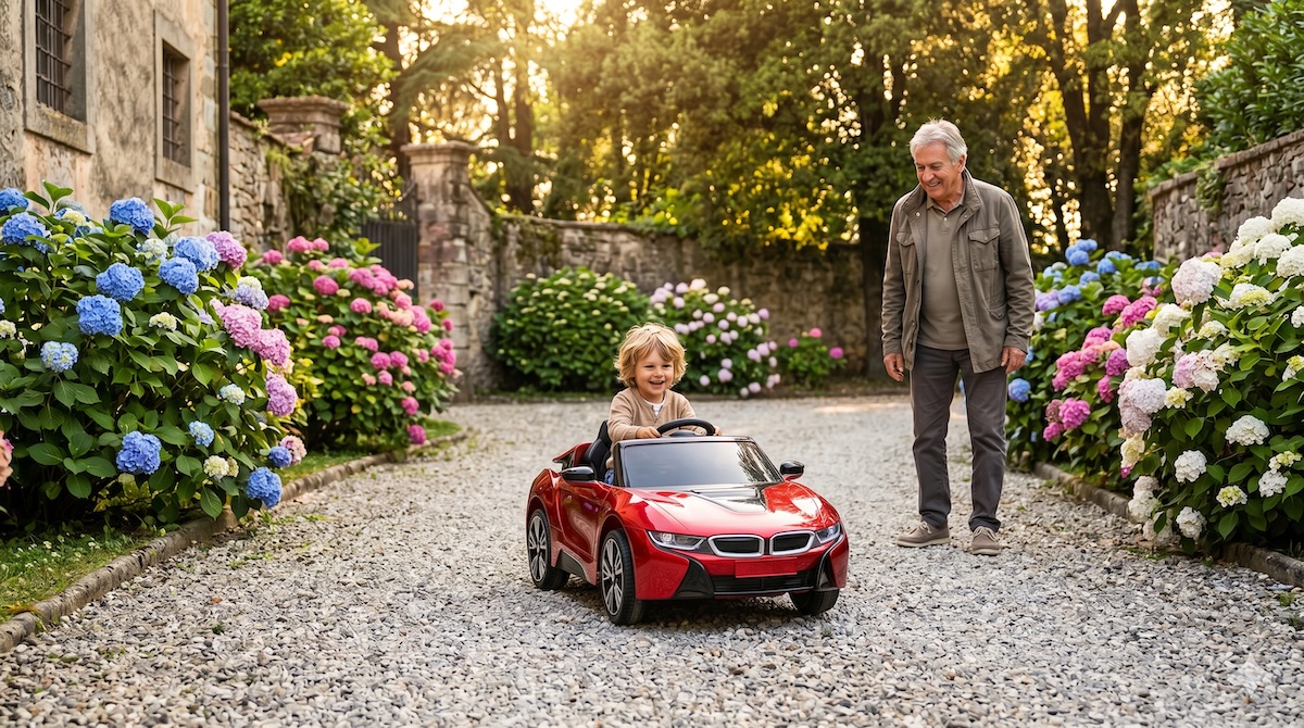 Kind fährt im Garten ein Kinder-Elektroauto, Opa schaut zu – Kinder-Elektroauto