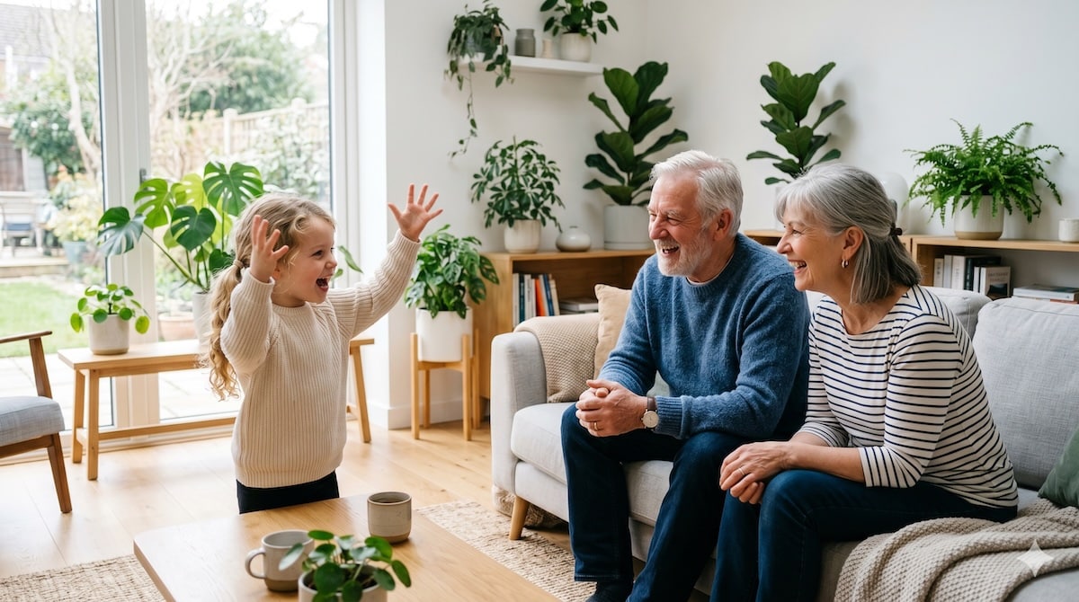 Ein Kind erzählt mit erhobenen Händen begeistert eine Geschichte, Oma und Opa hören lächelnd zu – Kinder erzählen Geschichten