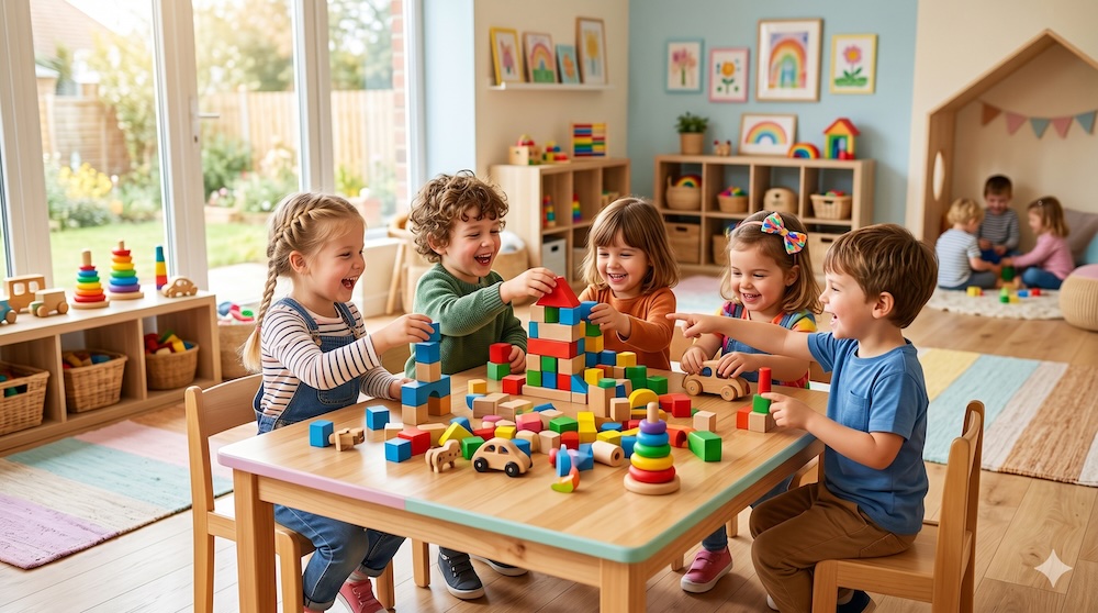 Kinder spielen gemeinsam in der Kindergartengruppe — gemeinsam Freunde finden beim Kita-Start
