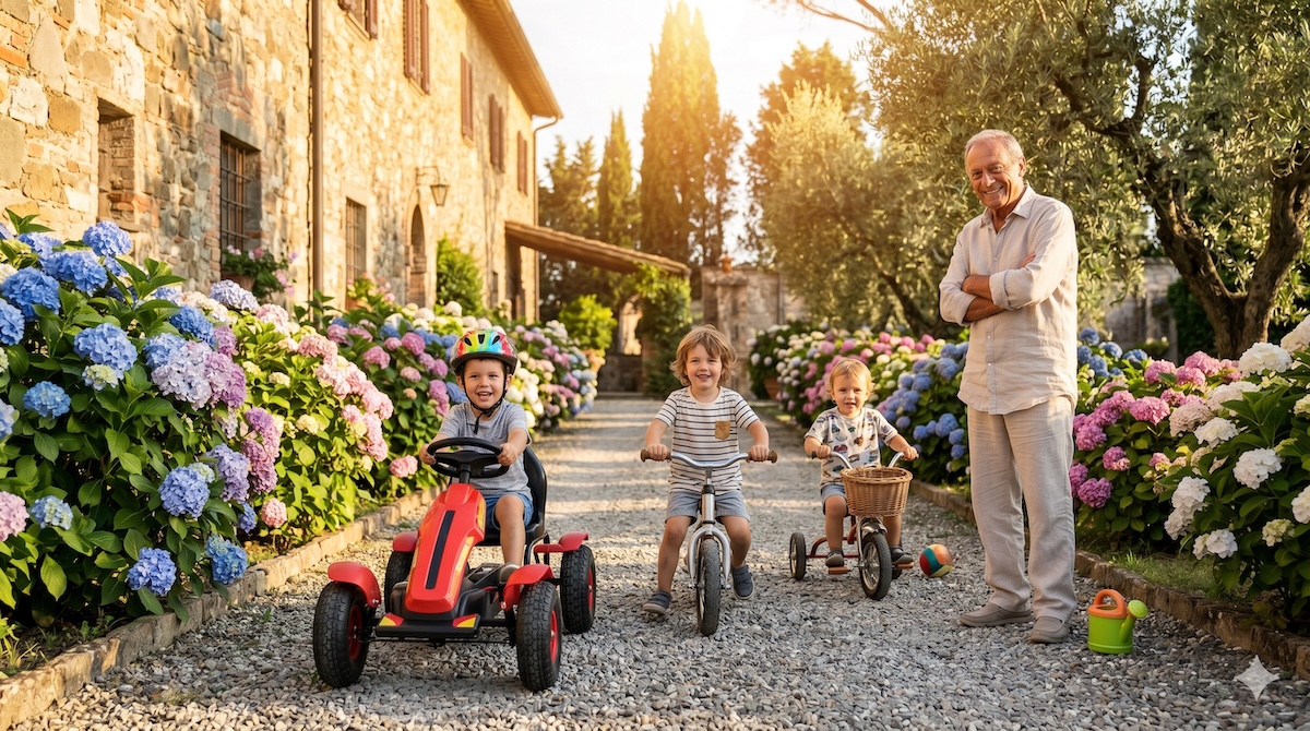 Kinder auf Laufrad, Dreirad und Gokart im Garten, Opa schaut zu – Kinderfahrzeuge