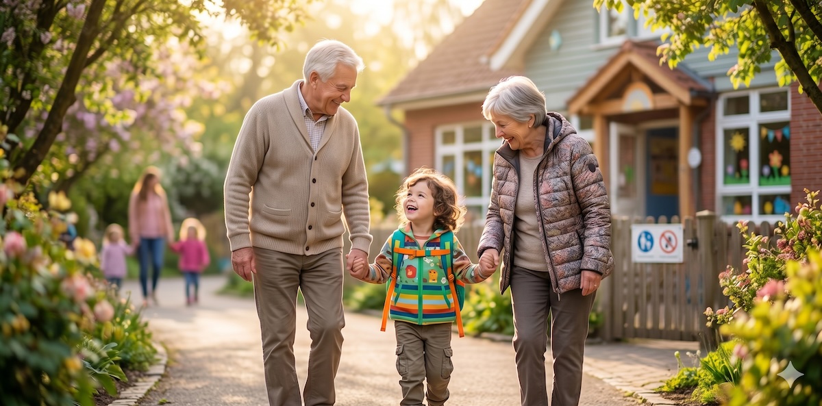 Kindergartenstart — ein Kind wird von Oma und Opa zum Kindergarten begleitet