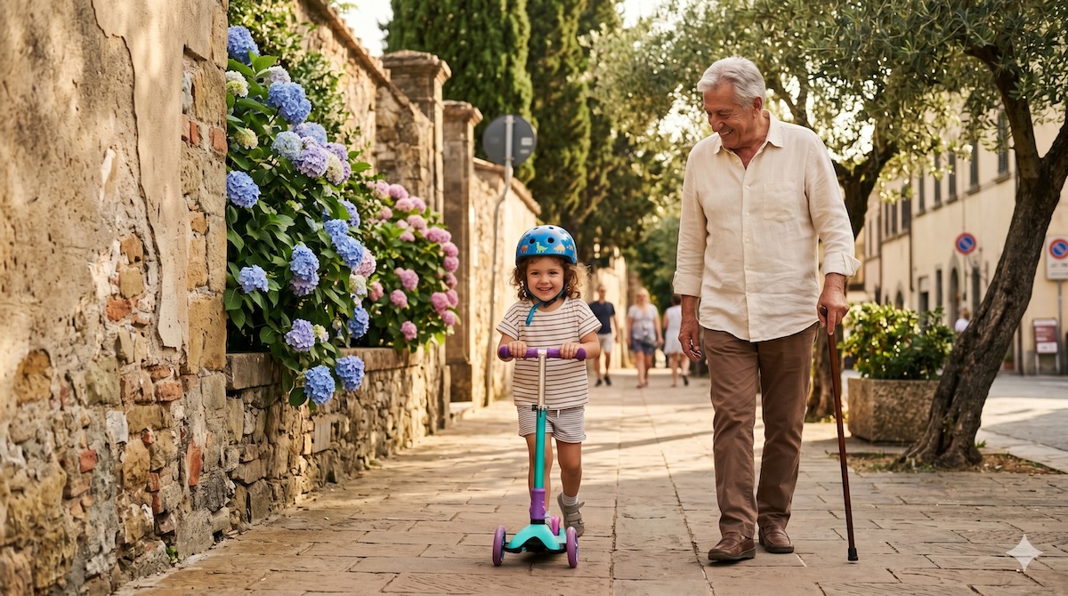 Kind fährt mit Helm auf einem Kinderroller, Opa geht daneben – Kinderroller & Scooter