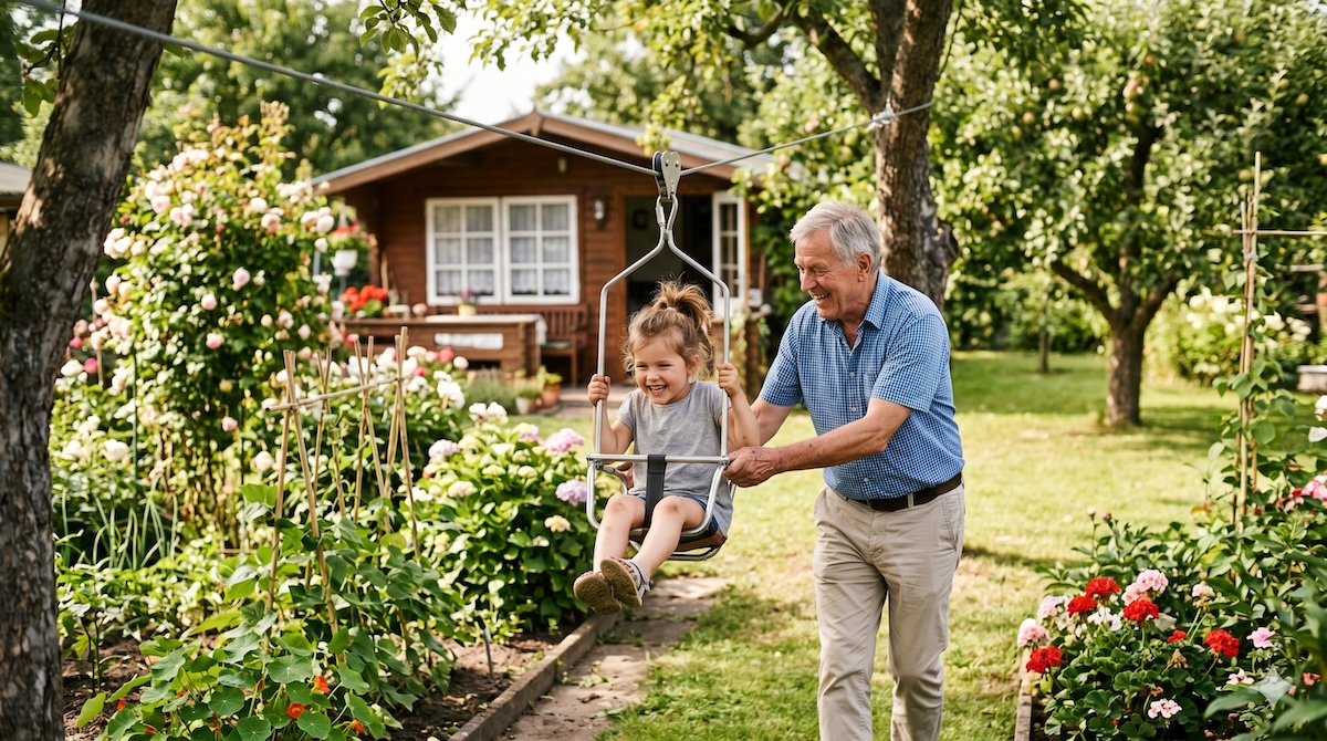 Enkel fährt auf einer Kinderseilbahn durch den Garten von Opa