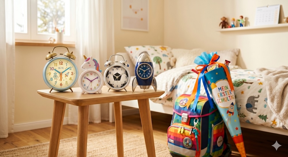Kinderwecker für Mädchen und Jungs — Einhorn-, Pferde-, Fußball- und Raketen-Motive zur Einschulung