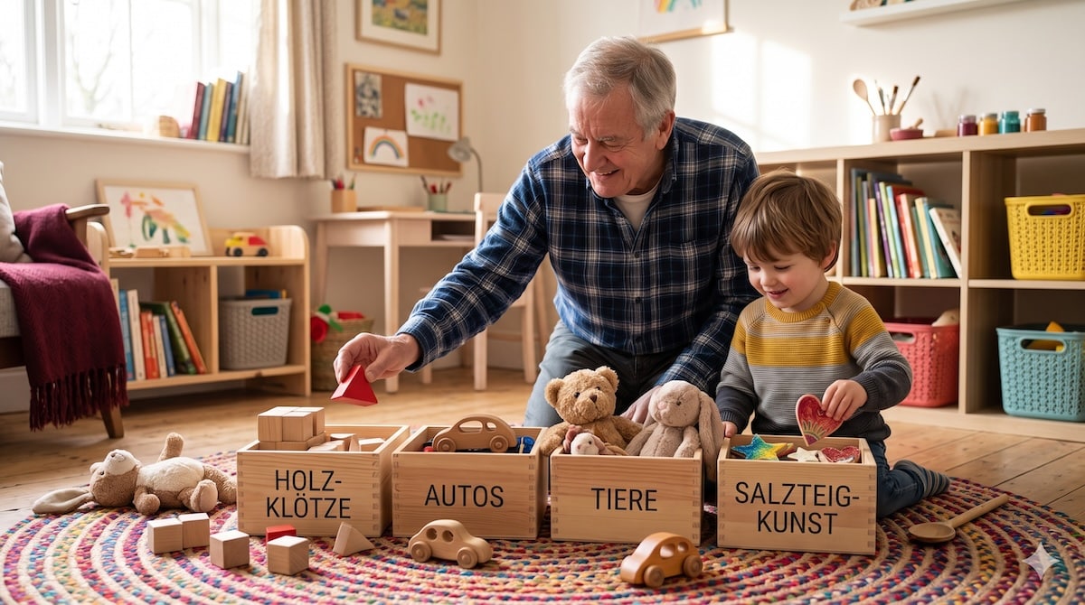 Opa und Enkel räumen das Kinderzimmer mit vier beschrifteten Kisten auf