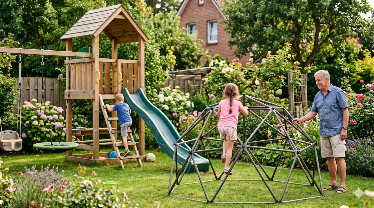 Kinder spielen an einem Klettergerüst im Garten, Opa schaut zu