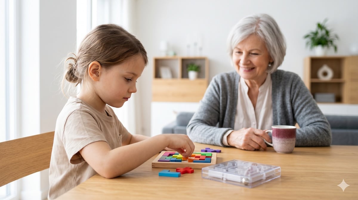 Kind löst ein Knobelspiel und tüftelt konzentriert