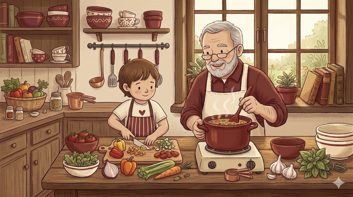 Opa und Enkel kochen gemeinsam in der Küche