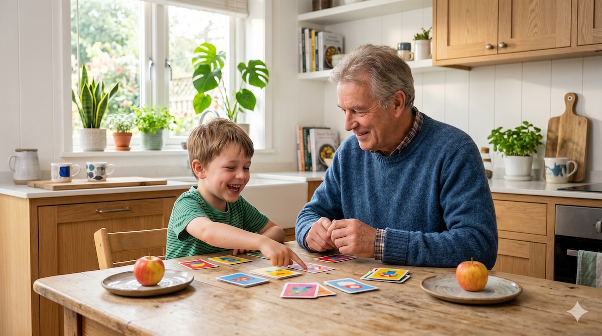 Opa spielt mit seinem Enkelkind Kopfsalat mit Herz am Tisch, daneben zwei Äpfel auf Tellern – Gefühle-Kartenspiel