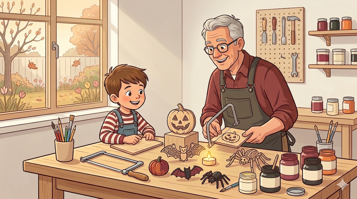 Opa und Enkel sägen an der Werkbank Halloween-Figuren aus Sperrholz.
