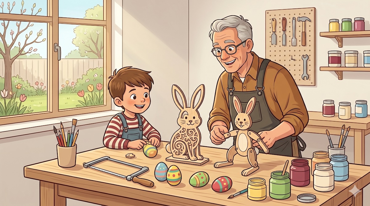 Großvater und Kind sägen einen Osterhasen aus Sperrholz