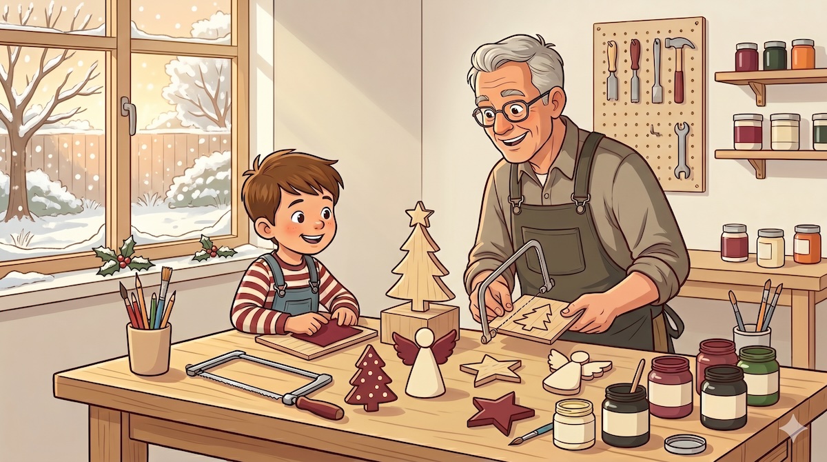 Opa und Enkel sägen an der Werkbank weihnachtliche Figuren aus Sperrholz.