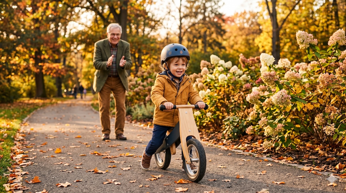 Kleinkind fährt mit Helm auf dem Laufrad, Opa schaut zu – Laufrad für Kinder