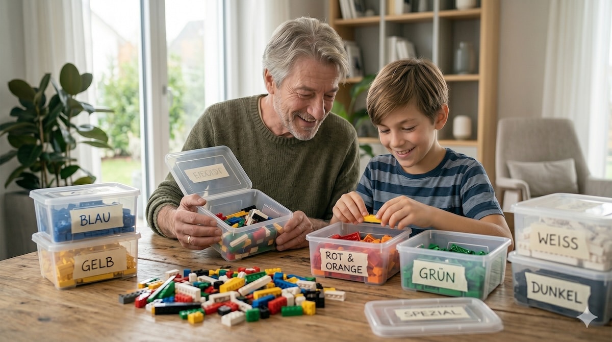 Opa und Enkel sortieren bunte LEGO-Steine nach System in Boxen
