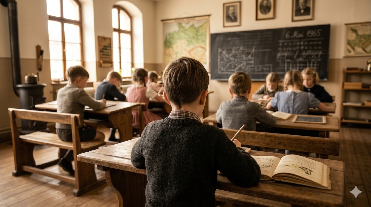Klassenzimmer der 1950er-Jahre mit Schiefertafel, Griffel und Fibel