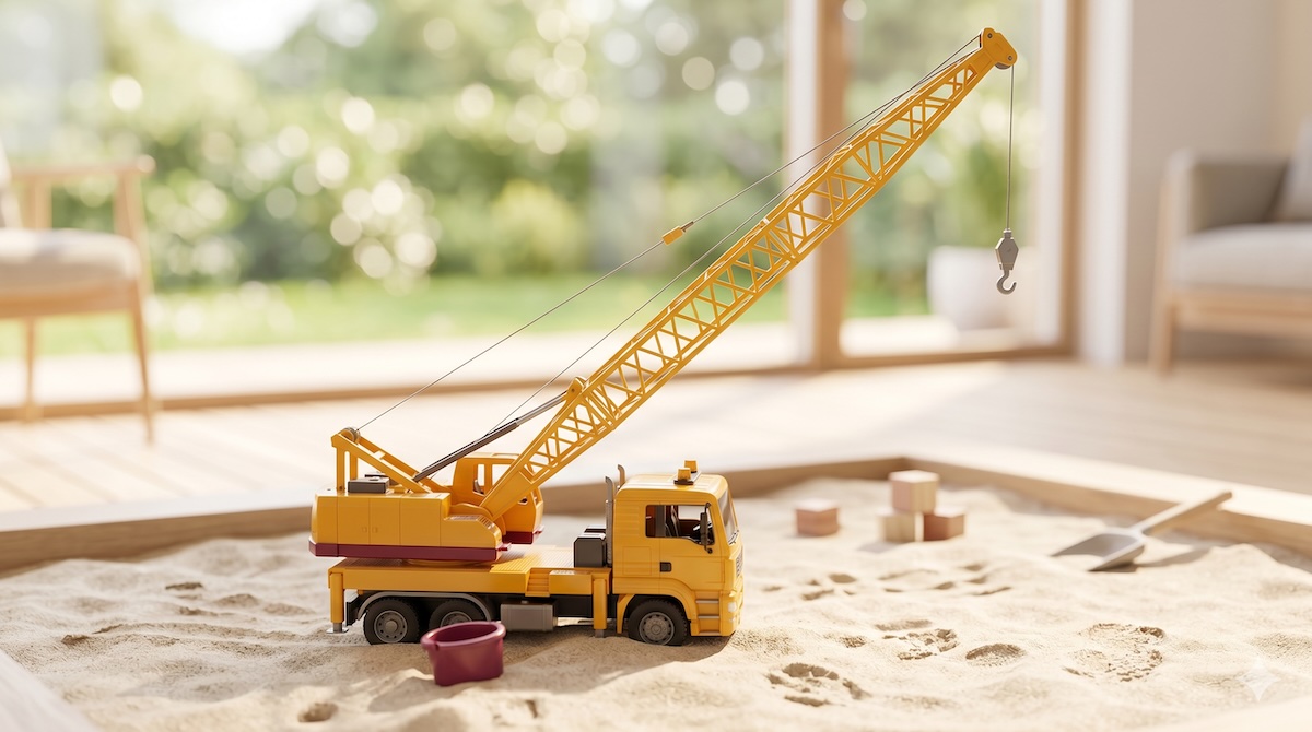 Spielzeug-Baukran für Kinder im Sandkasten