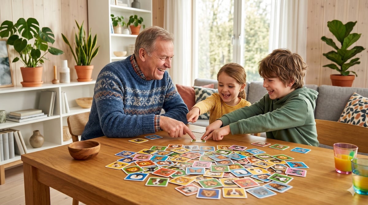 Opa spielt mit zwei Enkelkindern Loony Joe und zeigt auf ein dreifaches Tier – Loony Joe Reaktionsspiel
