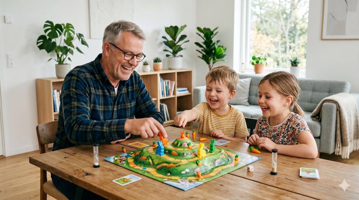 Opa spielt mit zwei Enkelkindern Lotti Karotti am Karottenhügel – Lotti Karotti