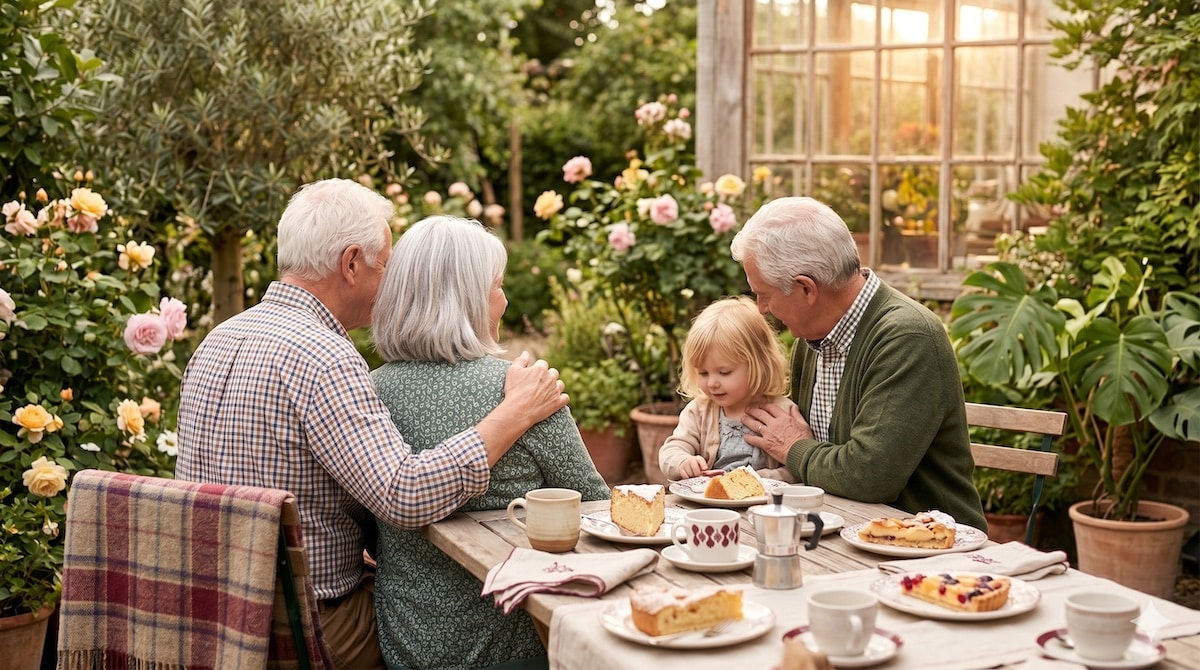 Zwei Großeltern-Paare beim harmonischen Familientreffen im Garten mit Enkelkind