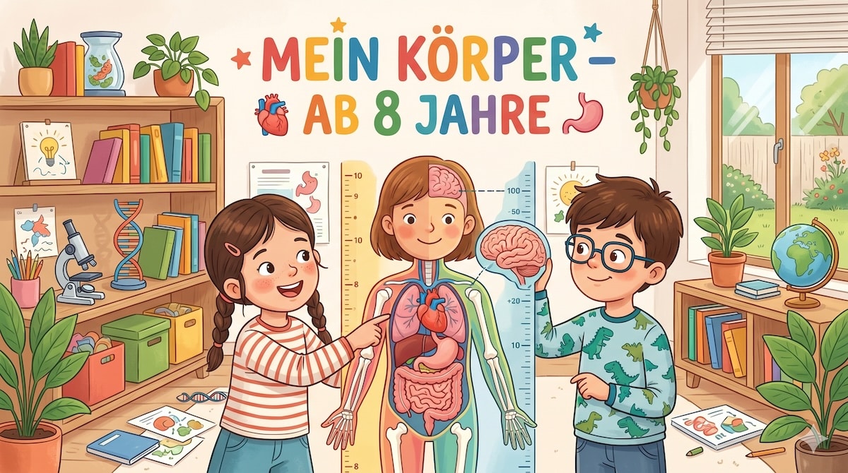 Opa und ein Kind raten gemeinsam ein Körper-Quiz und zeigen auf eine Körper-Illustration – Körper-Quiz für Kinder ab 8