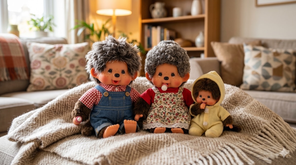 Monchhichi-Puppen – mehrere Modelle des japanischen Kult-Kuscheltiers nebeneinander