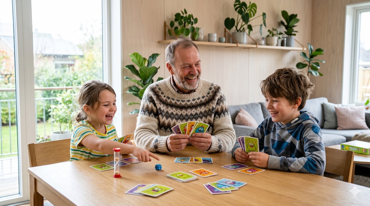 Opa spielt mit zwei Enkelkindern Monster-Bande mit bunten Monsterkarten – Monster-Bande Spiel