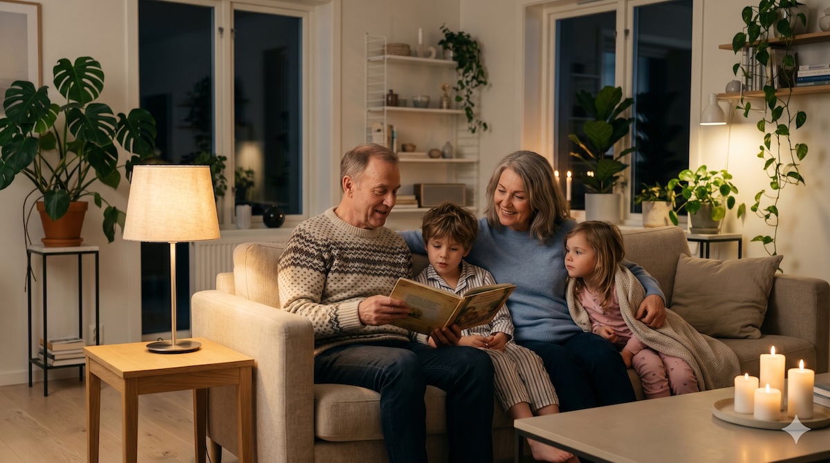 Oma und Opa erzählen ihren beiden Enkelkindern abends auf dem Sofa eine Geschichte – Großeltern erzählen Geschichten