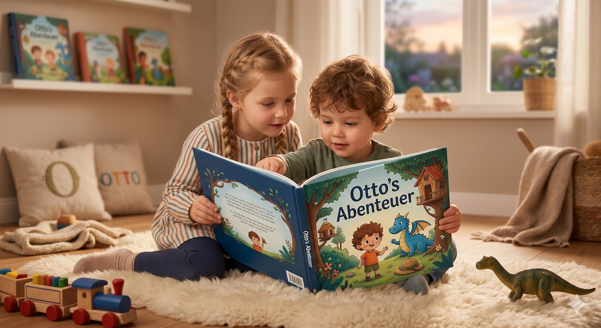 Personalisiertes Kinderbuch als Geschenk – Großeltern überreichen dem Enkelkind ein Buch mit seinem Namen