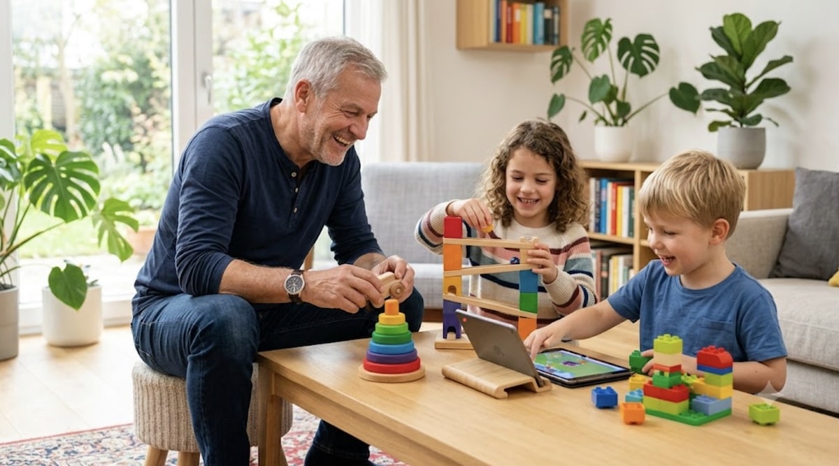 Produkttests von Opa – ein moderner Großvater testet mit seinen Enkeln Spielzeug und Familienprodukte