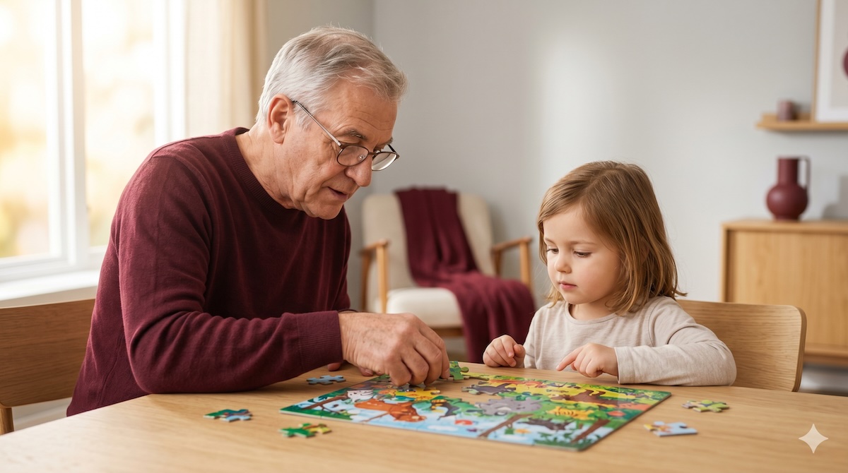 Kind und Großvater puzzeln gemeinsam am Tisch