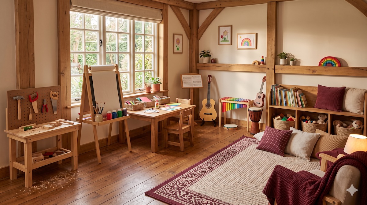 Raum für Enkel mit Werk-, Mal-, Musik- und Leseecke bei Oma und Opa