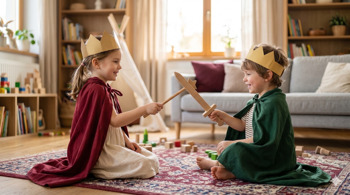 Kinder verkleiden sich und spielen ein Fantasie- und Rollenspiel