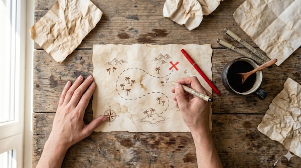 Eine Schatzkarte zeichnen mit Weg, Kompassrose und rotem Kreuz