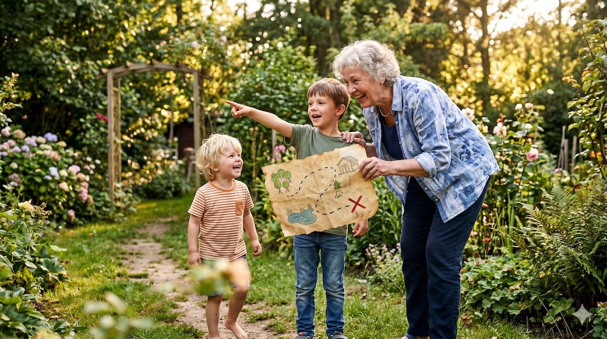 Schatzsuche als Geschenk für Oma – Enkel führen die Großmutter mit einer selbst gebastelten Schatzkarte durch den Garten
