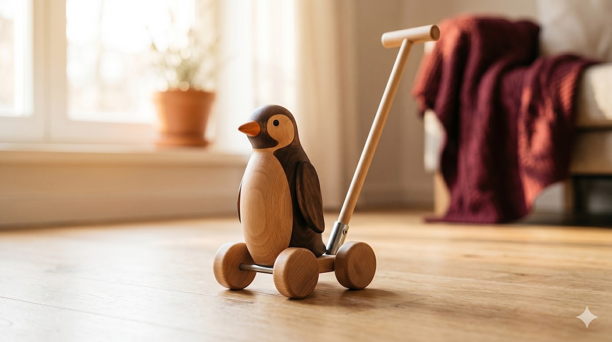 Kleinkind zieht ein hölzernes Nachziehtier an der Schnur durch das Wohnzimmer
