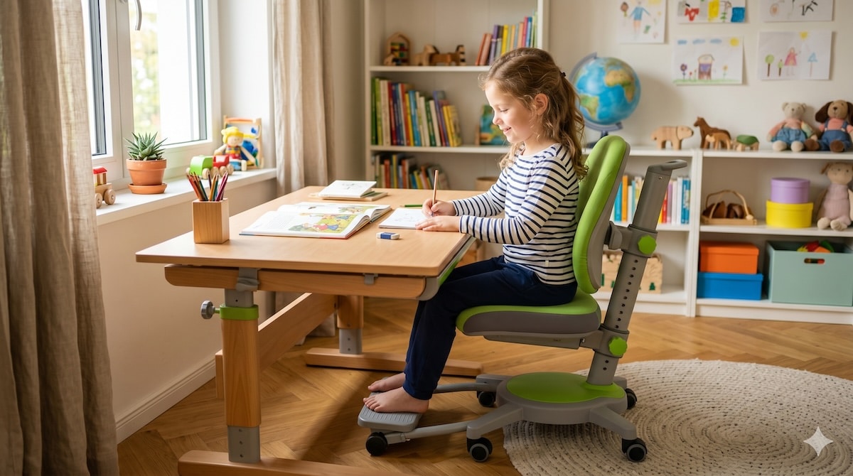 Schreibtischstuhl für Kinder als Geschenk von Oma und Opa – ein Kind sitzt ergonomisch am Schreibtisch