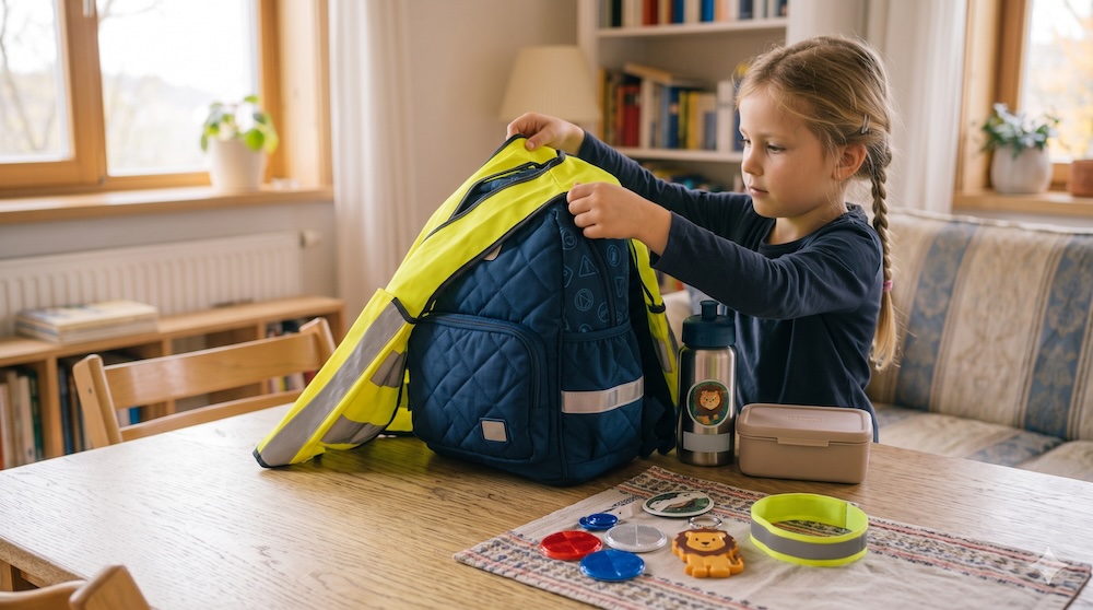 Schulranzen mit Reflektoren, Warnweste und LED-Sicherheitslicht für den sicheren Schulweg