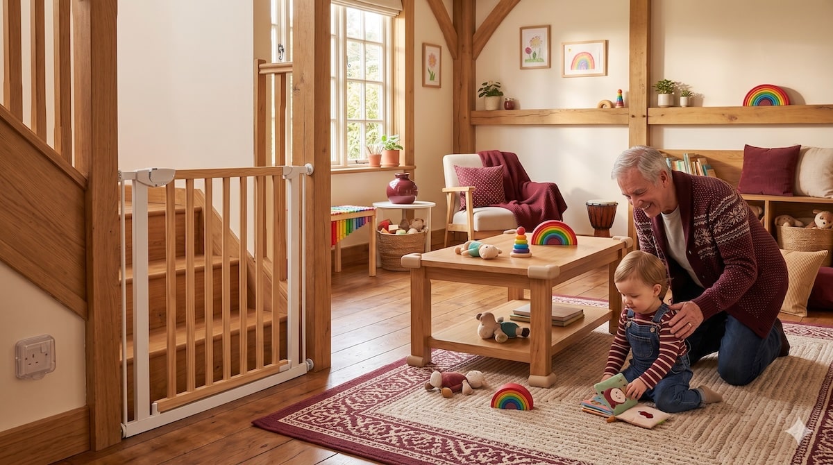 Kindersicheres Zuhause bei Oma und Opa mit Treppengitter und Steckdosenschutz