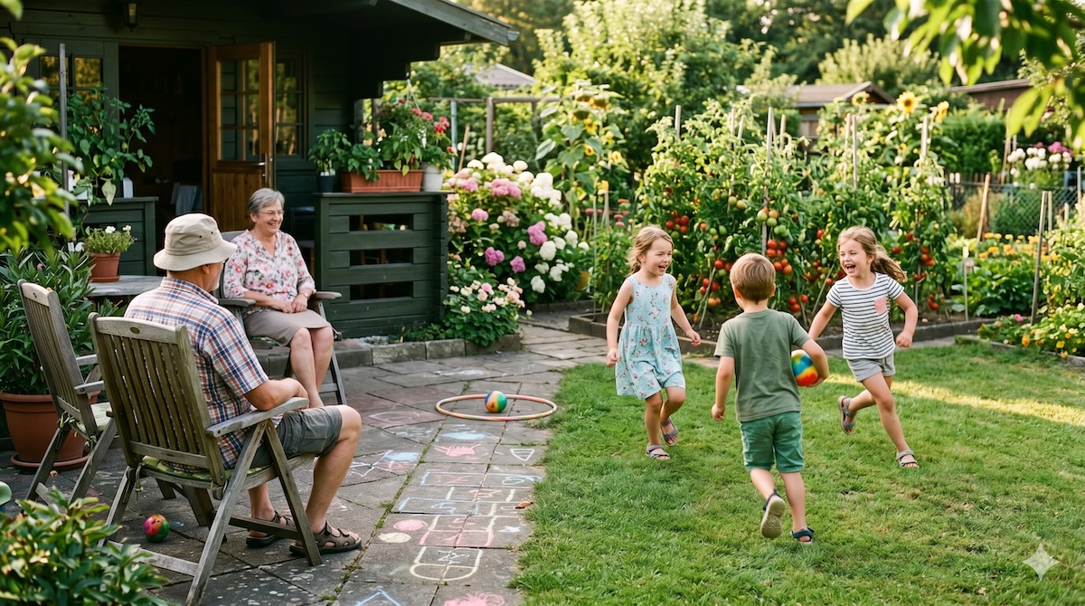 Kinder spielen draußen im Garten von Oma und Opa