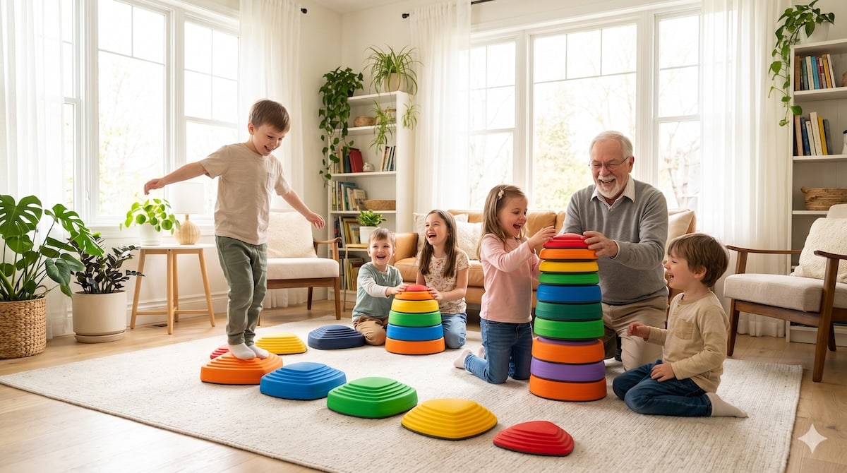 Kind baut und balanciert mit bunten Stapelsteinen im Wohnzimmer – Spielen mit Stapelsteinen