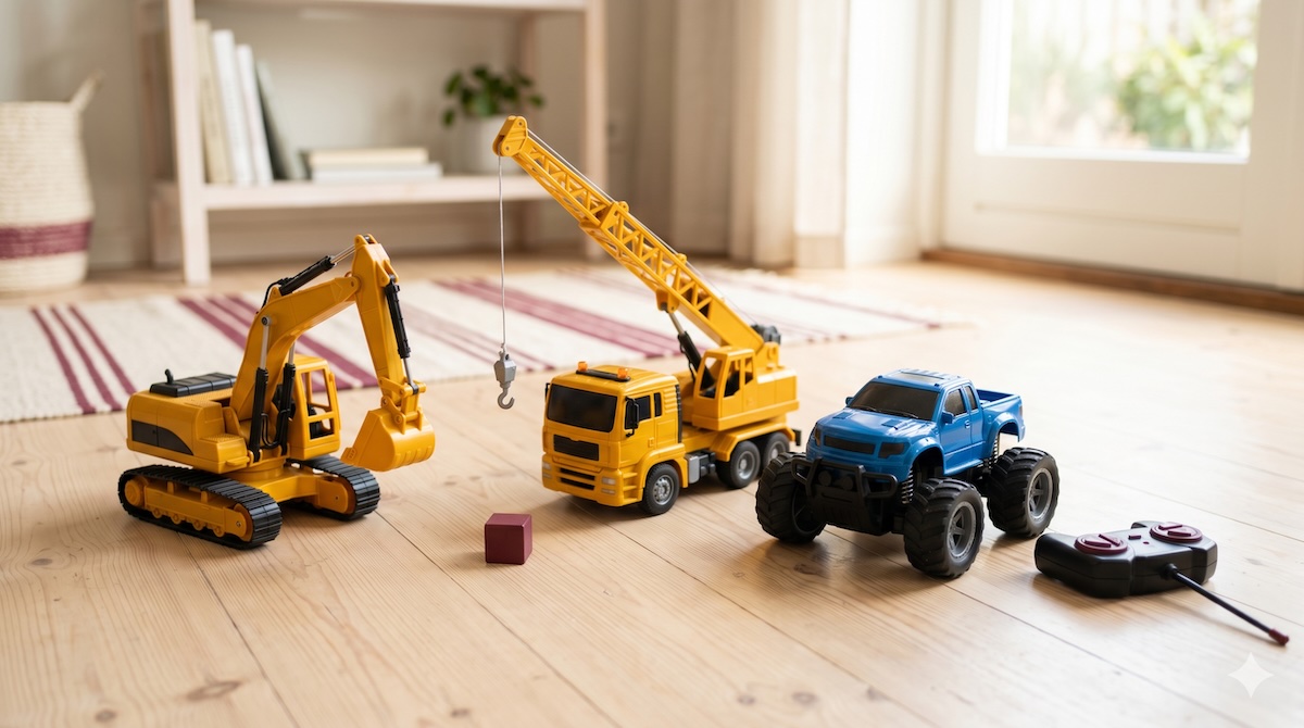 Verschiedene Spielfahrzeuge für Kinder: Bagger, Kran und ferngesteuerte Autos