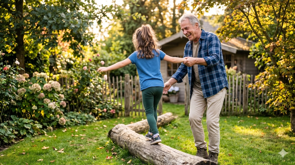 Opa und Enkel beim gemeinsamen Sport im Garten
