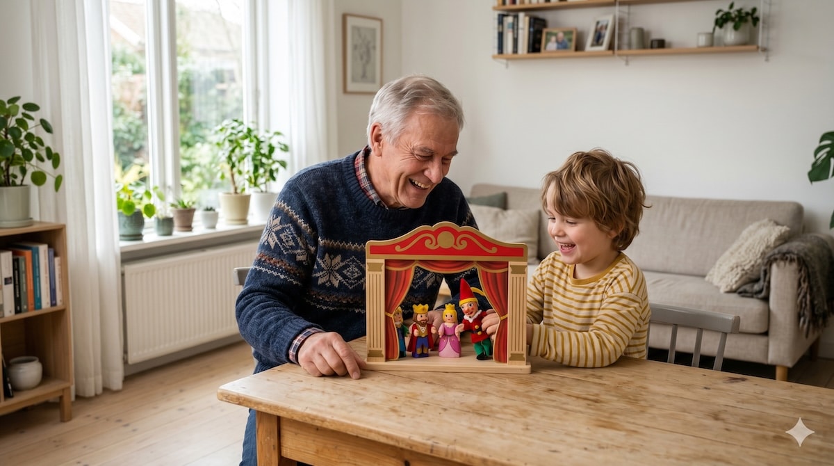 Opa und Enkelkind spielen am Tisch mit einer kleinen Kasperlebühne und bunten Figuren – Räuber-Hotzenplotz-Spiele für Kinder