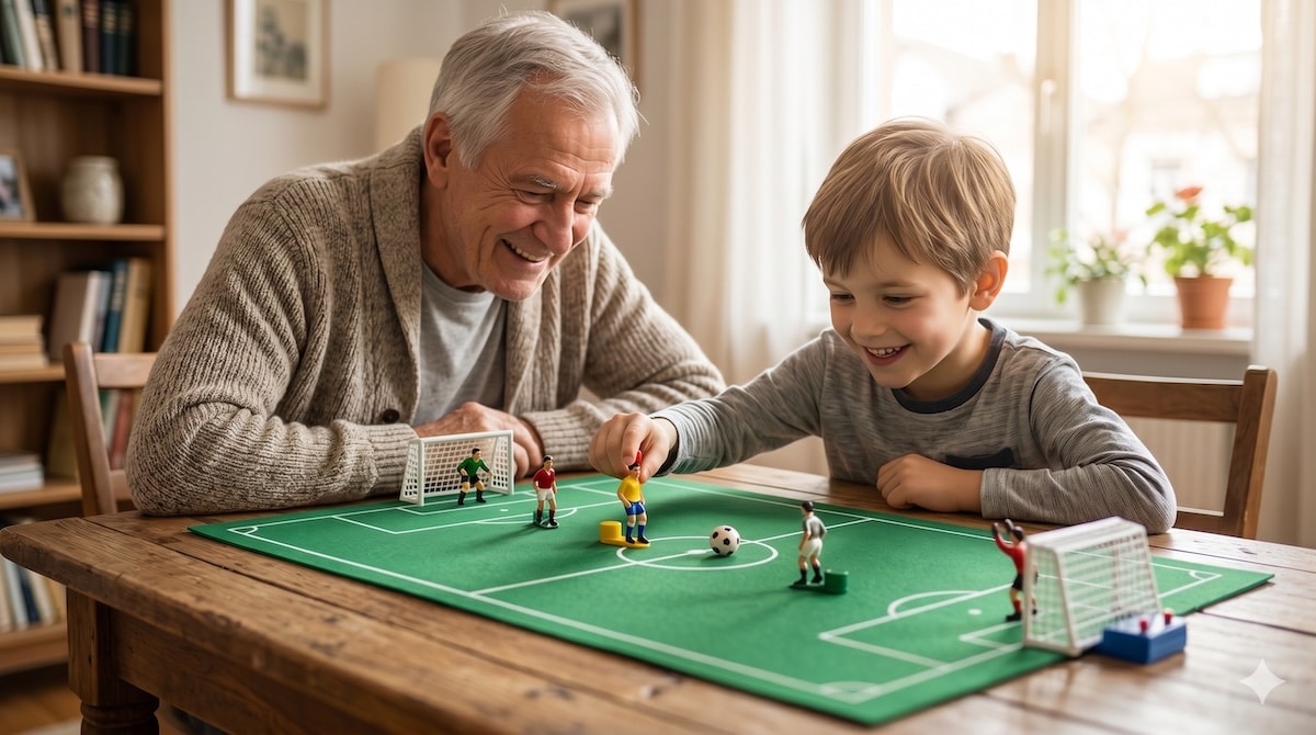 Opa und Enkel spielen Tipp-Kick, Kind drückt den Knopf der Kicker-Figur zum Schuss aufs Filzfeld – Tipp-Kick