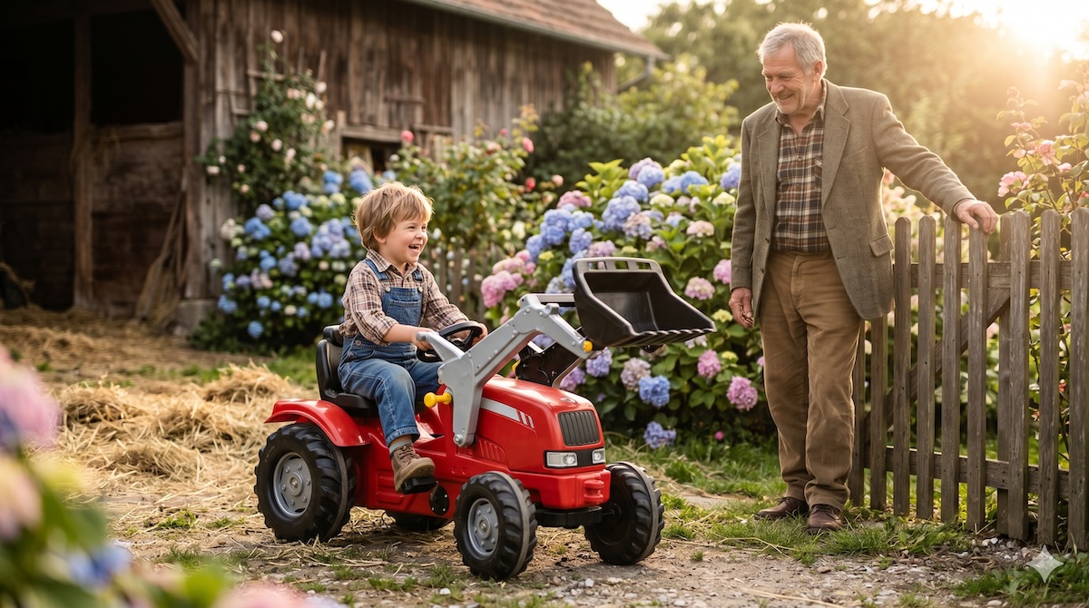 Kind fährt roten Trettraktor mit Frontlader, Opa schaut zu – Trettraktor für Kinder