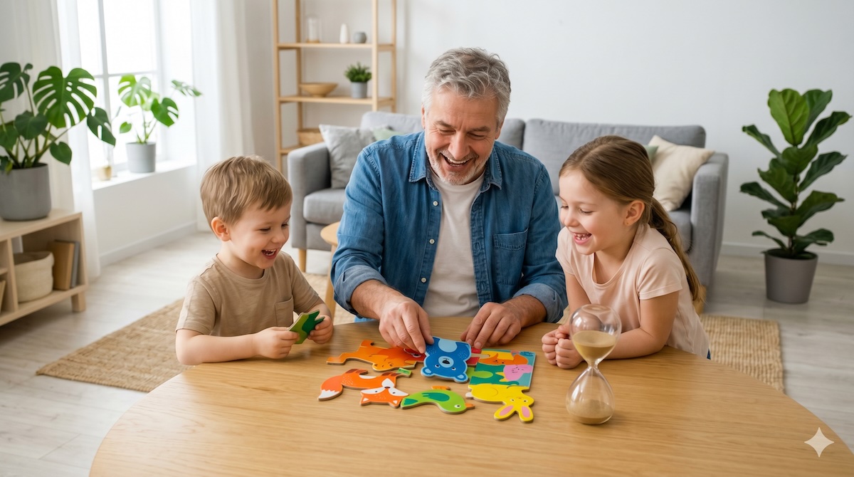 Opa spielt mit zwei Enkelkindern Ubongo Junior mit Sanduhr am Tisch – Ubongo Junior