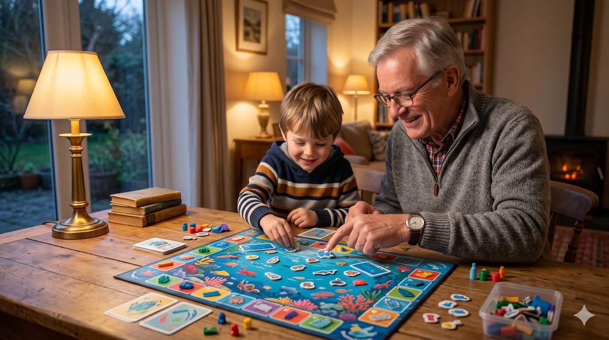 Großvater und Enkelkind spielen ein Umweltspiel zum Schutz der Meere vor Plastikmüll